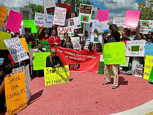 JORDAN SNOBELEN / FREE PRESS
Roughly 100 people gathered at the International Mother Language Plaza in Kirkbridge Park on Saturday to speak out against violence and call for support of Bangladesh's minority Hindu population. 