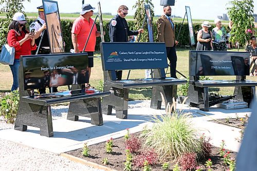 Three benches unveiled at the Carberry memorial ceremony in honour of officials of the Brandon Fire &amp; Emergency Services, RCMP, Carberry North Cypress Langford Fire Department, Shared Health Emergency Medical Services, Neepawa Fire Department, and STARS Air Ambulance on Sunday afternoon. (Abiola Odutola/The Brandon Sun)