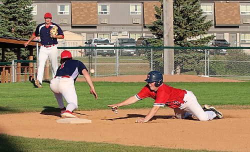 Westman Fire Protection Cubs base runner Ty Gwynne (17) vainly dives back to the bag as RFNOW Cardinals first baseman Max Paddock (1) catches the ball under the watchful eye of pitcher Brody Pinkerton during Game 2 of the Andrew Agencies Senior AA Baseball League on Monday evening. A hard-hit line drive in the infield led to Gwynne being doubled off. (Perry Bergson/The Brandon Sun)
Aug. 12, 2024