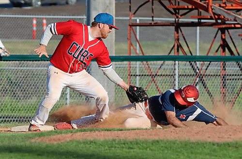 Westman Fire Protection Cubs third baseman Mica Croker (18) puts a tag down as RFNOW Cardinals base runner Chris Kennedy (10) successfully steals third during Game 2 of the Andrew Agencies Senior AA Baseball League on Monday evening. Kennedy scored the first run of the game a couple pitches later. (Perry Bergson/The Brandon Sun)
Aug. 12, 2024