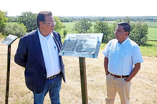 12082024
Sioux Valley Dakota Nation Chief Vince Tacan shows Crown-Indigenous Relations Minister Gary Anandasangaree around the site of the former Brandon Indian Residential School just west of Brandon along Grand Valley Road on Monday. Anandasangaree was visiting Sioux Valley Dakota Nation as a follow-up to federal government&#x2019;s recent apology to the 9 Dakota and Lakota First Nations in Canada and their members. (Tim Smith/The Brandon Sun)