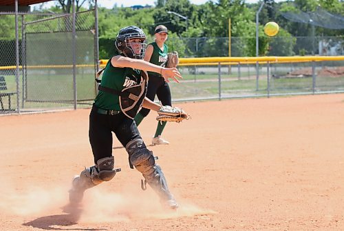 Catcher Rose Cochrane of Alexander throws to first base on a bunt drill. (Perry Bergson/The Brandon Sun)
Aug. 15, 2024