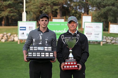 Kody Fawcett, left, and his father Keith pose with their Tamarack championship trophies at the Clear Lake Golf Course on Saturday, Aug. 25, 2018. Kody won the men's title while Keith claimed the champion men's crown. (Brandon Sun files)