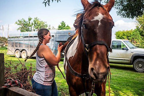 MIKAELA MACKENZIE / FREE PRESS

	
Amy Scott figures out how to best make a back cinch work for Alyssa Selman&#x573; customized saddle on Duke on Tuesday, Aug. 13, 2024.

For Mike McIntyre story.