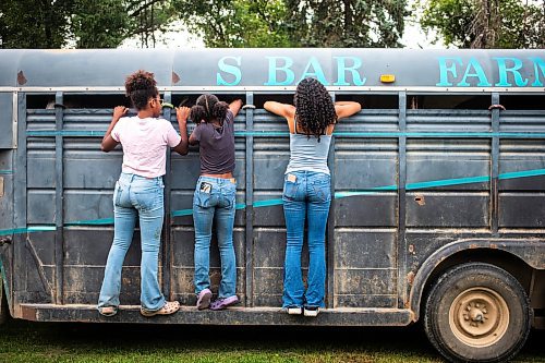 MIKAELA MACKENZIE / FREE PRESS

	
Moriah Hector (left, 13), Raelene Husbands (12), and Kimisha Scott (15) peek in at the horses before leaving for the races on Tuesday, Aug. 13, 2024.

For Mike McIntyre story.