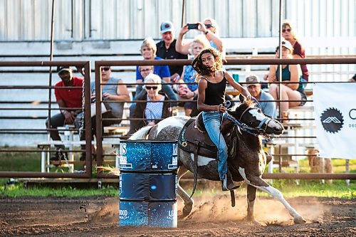 MIKAELA MACKENZIE / FREE PRESS

	
Ari Selman races on her pony, Arcadia, in the Denim &amp; Dust Barrel Racing Series in Carman on Tuesday, Aug. 13, 2024.

For Mike McIntyre story.