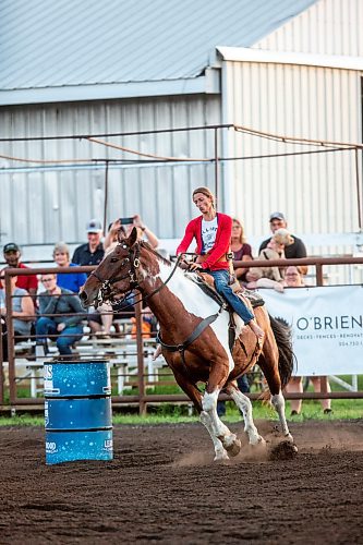 MIKAELA MACKENZIE / FREE PRESS

	
Alyssa Selman races on her horse, Duke, at the Denim &amp; Dust Barrel Racing Series in Carman on Tuesday, Aug. 13, 2024.

For Mike McIntyre story.