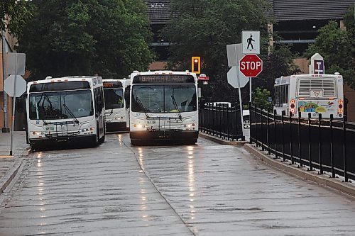 14082024
Brandon Transit buses queue at the downtown terminal on a rainy Wednesday afternoon. (Tim Smith/The Brandon Sun)