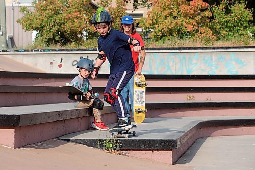 14082024
Ten-year-old Jace Shelbey of Shilo, Manitoba practices riding off a ledge at the Kristopher Campbell Memorial Skate Plaza in downtown Brandon on Wednesday morning during a week-long beginners skate camp put on by Recovery Skateshop. Recovery is running a similar camp for intermediate skateboarders next week. 
(Tim Smith/The Brandon Sun)