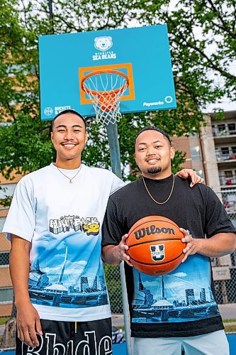 NIC ADAM / FREE PRESS
Joseph Medrano (left) and Calvin Diaz, shown at the Mayfair Recreation Centre&#x2019;s basketball courts Wednesday, are organizing Run it Back, a basketball tournament for high school alumni.
240814 - Wednesday, August 14, 2024.

Reporter: