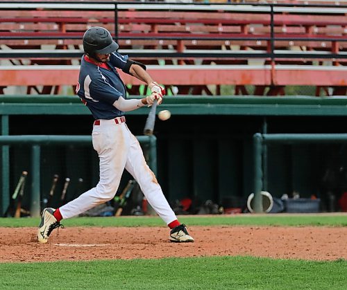 RFNOW Cardinals hitter Brady Nault hits a two-run single against the Westman Fire Protection Cubs during Game 3 of the Andrew Agencies Senior AA Baseball League final on Thursday at Andrews Field. (Perry Bergson/The Brandon Sun)
Aug. 15, 2024