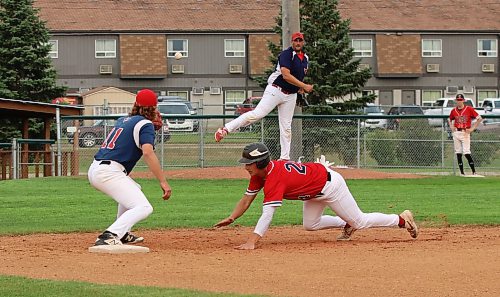 RFNOW Cardinals pitcher Adam Hartman checks Westman Fire Protection Cubs base runner Mitchell Battersby (24) as first baseman Eric Zamrykut (11) awaits the ball during Game 3 of the Andrew Agencies Senior AA Baseball League final on Thursday at Andrews Field. (Perry Bergson/The Brandon Sun)
Aug. 15, 2024