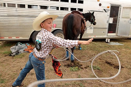 15082024
Blake Main, 10, practices his roping on day one of the Virden Indoor High School Rodeo at Tundra Oil and Gas Place in Virden on Thursday as part of the Virden Indoor Rodeo and Wild West Daze. Main and his brother Klay are competing in the goat tying and breakaway events for the first time. (Tim Smith/The Brandon Sun)