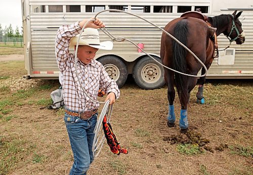 15082024
Blake Main, 10, practices his roping on day one of the Virden Indoor High School Rodeo at Tundra Oil and Gas Place in Virden on Thursday as part of the Virden Indoor Rodeo and Wild West Daze. Main and his brother Klay are competing in the goat tying and breakaway events for the first time. (Tim Smith/The Brandon Sun)