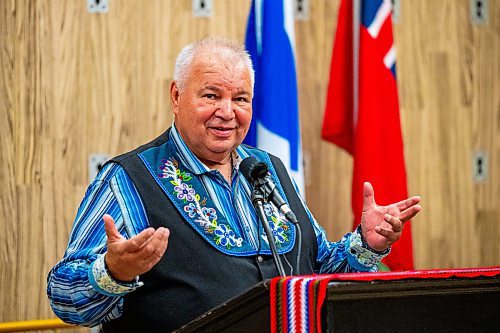 NIC ADAM / FREE PRESS
David Chartrand, President of the MMF, speaks at the announcement of the re-opening of Yoga Public Thursday afternoon.
240815 - Thursday, August 15, 2024.

Reporter: Gabby Piche