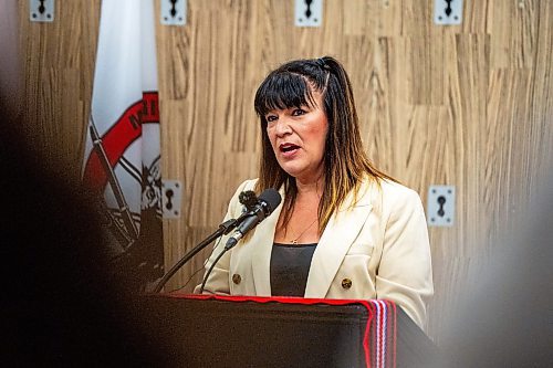 NIC ADAM / FREE PRESS
Bernadette Smith, Minister of Housing, Addictions and Homelessness, speaks at the announcement of the re-opening of Yoga Public Thursday afternoon.
240815 - Thursday, August 15, 2024.

Reporter: Gabby Piche