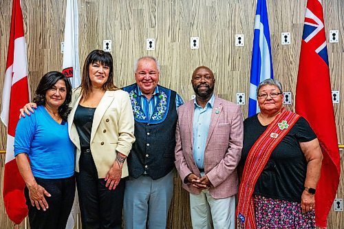 NIC ADAM / FREE PRESS
(From left) Yoga Public owner Ida Albo, Minister Bernadette Smith, MMF President David Chartrand, Deputy Mayor Markus Chambers at the announcement of the re-opening of Yoga Public Thursday afternoon.
240815 - Thursday, August 15, 2024.

Reporter: Gabby Piche