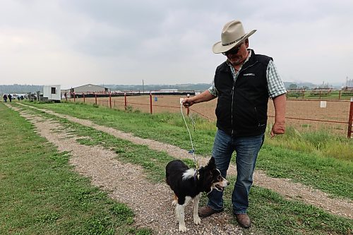 Campbell Forsyth stands with his dog Mac at the Minnedosa Agricultral Grounds. The two competed at the 2024 Show and Sale on Friday, going for the fastest time and highest accuracy herding sheep through barrels and into a pen. (Connor McDowell/Brandon Sun)