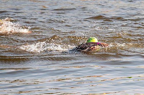 BROOK JONES / FREE PRESS
Seventeen-year-old Brad Courchene, who is from Sagkeeng First Nation, competes in the swim portion of the Free Spirit Sprint Triathlon in Pinawa, Man., Sunday, Aug. 11, 2024.