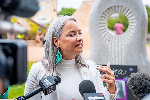 NIC ADAM / FREE PRESS
Families Minister Nahanni Fontaine announces funding for Tina&#x2019;s Safe Haven as part of the Tina Fontaine memorial event at the MMIWG2S+ Monument at the Forks Friday.
240816 - Friday, August 16, 2024.

Reporter: Malak