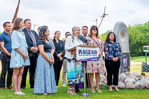 NIC ADAM / FREE PRESS
Families Minister Nahanni Fontaine announces funding for Tina&#x2019;s Safe Haven as part of the Tina Fontaine memorial event at the MMIWG2S+ Monument at the Forks Friday.
240816 - Friday, August 16, 2024.

Reporter: Malak