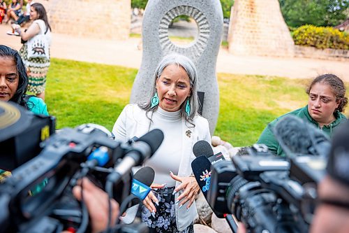 NIC ADAM / FREE PRESS
Families Minister Nahanni Fontaine announces funding for Tina&#x2019;s Safe Haven as part of the Tina Fontaine memorial event at the MMIWG2S+ Monument at the Forks Friday.
240816 - Friday, August 16, 2024.

Reporter: Malak