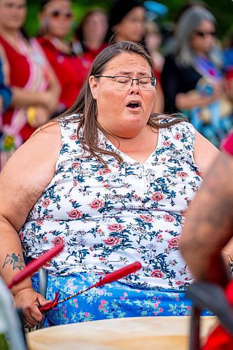 NIC ADAM / FREE PRESS
Music was sung before and after the Tina Fontaine memorial event at the MMIWG2S+ Monument at the Forks Friday.
240816 - Friday, August 16, 2024.

Reporter: Malak