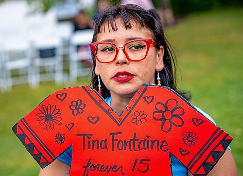 NIC ADAM / FREE PRESS
Amber Laplante speaks to press at the Tina Fontaine memorial event at the MMIWG2S+ Monument at the Forks Friday.
240816 - Friday, August 16, 2024.

Reporter: Malak