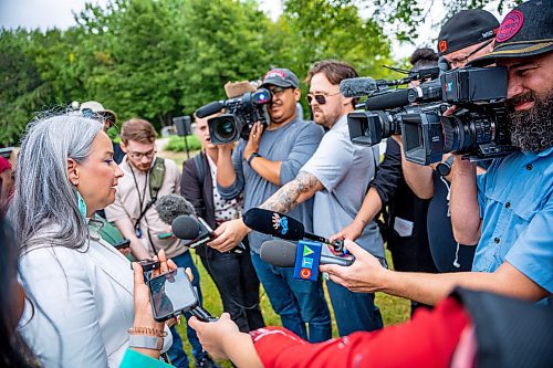 NIC ADAM / FREE PRESS
Families Minister Nahanni Fontaine announces funding for Tina&#x2019;s Safe Haven as part of the Tina Fontaine memorial event at the MMIWG2S+ Monument at the Forks Friday.
240816 - Friday, August 16, 2024.

Reporter: Malak