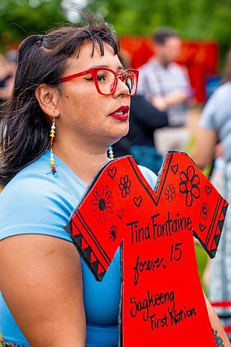 NIC ADAM / FREE PRESS
Amber Laplante speaks to press at the Tina Fontaine memorial event at the MMIWG2S+ Monument at the Forks Friday.
240816 - Friday, August 16, 2024.

Reporter: Malak