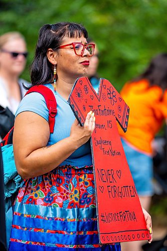 NIC ADAM / FREE PRESS
Amber Laplante speaks to press at the Tina Fontaine memorial event at the MMIWG2S+ Monument at the Forks Friday.
240816 - Friday, August 16, 2024.

Reporter: Malak