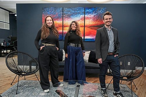 Ruth Bonneville / Free Press

BIZ - Narratives Inc.

Business portrait of Somia Sadiq (centre), Conor Smith and Desir&#xe9;e Th&#xe9;riault (left), the three partners at Narratives Inc., in their front foyer with a painting behind them created by one of their employees. 

Subject: This is for my Aug. 23 'Made in Manitoba' article. Narratives is a mix of impact assessment, conflict transformation, territorial planning and research.  The office space is multi-dimentional as it incorporates the century old building into a loft style office space. 

See story by Aaron

 Aug 15th, 2024
