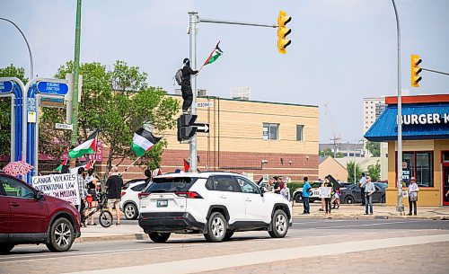 Mike Sudoma/Free Press
A pro-Palestinian protestor waves a Palestinian flag as they stand onto of a crosswalk sign at Confusion Corner Saturday afternoon
August 17, 2024
