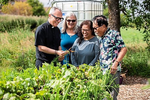 MIKAELA MACKENZIE / WINNIPEG FREE PRESS
	
Father Darrin Gurr (left), Brenda Van Walleghem, Rachel Banmann, and Rod Cantivero at the new community garden at St. Gianna Beretta Molla Roman Catholic Church on Friday, Aug. 16, 2024. The church is using the space to grow food to give to Villa Rosa and Missionaries of Charity, who give it away to needy recipients in the city.

For John Longhurst story.
Winnipeg Free Press 2024