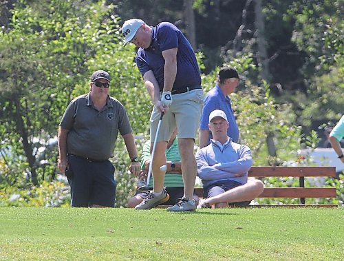 Josh McPhail tees off on Saturday on the first hole to begin play at the Tamarack Golf Tournament at Clear Lake Golf Course. He finished second, four strokes back of Evan Nachtigall, but earned his spot in the men's championship flight. (Perry Bergson/The Brandon Sun)