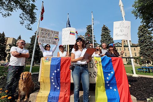 Venezuelan immigrants living in Brandon and their families gathered in front of Brandon University's Clark Hall on Saturday morning to protest the refusal of President Nicolas Maduro to concede last month's presidential elections. (Colin Slark/The Brandon Sun)