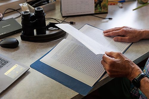 MIKE DEAL / FREE PRESS
Rudolf Koes, 79, has been birding since he was a boy and has been involved with Manitoba&#x2019;s birding community since moving here from the Netherlands in the late 1960s. Rudolf uses new technology to keep track of his bird sightings, but still keeps a huge collection of physical diaries.
See Eva Wasney story
240819 - Monday, August 19, 2024.