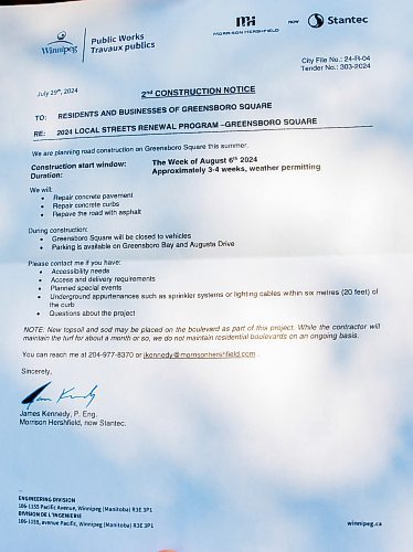 NIC ADAM / FREE PRESS
A letter sent out to residents on Greensboro Bay noticing them about the upcoming pothole repairs. 
240813 - Tuesday, August 13, 2024.

Reporter: ?