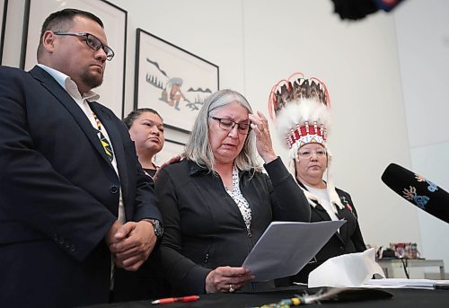 Ruth Bonneville /Free Press

Local  - FNcfs

Photo of Chief Shirley Ducharme. Pauingassi First Nation, (O-Pipo-Na-Piwin Cree Nation), speaking to the media at the event with Chief Willie Moore (her right), National Chief Cindy Woodhouse (her left) and others. 

Assembly of First Nations (AFN) National Chief Cindy Woodhouse Nepinak holds media availability discussing details of the recently negotiated draft settlement agreement of $47.8 billion from Canada to fund long-term reform measures of the First Nations Child and Family Services at  RBC Convention Centre Tuesday. 


Aug 20, 2024