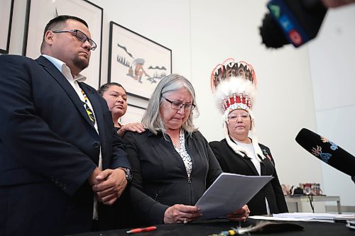 Ruth Bonneville /Free Press

Local  - FNcfs

Photo of Chief Shirley Ducharme. Pauingassi First Nation, (O-Pipo-Na-Piwin Cree Nation), speaking to the media at the event with Chief Willie Moore (her right), National Chief Cindy Woodhouse (her left) and others. 

Assembly of First Nations (AFN) National Chief Cindy Woodhouse Nepinak holds media availability discussing details of the recently negotiated draft settlement agreement of $47.8 billion from Canada to fund long-term reform measures of the First Nations Child and Family Services at  RBC Convention Centre Tuesday. 


Aug 20, 2024