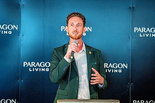 NIC ADAM / FREE PRESS
MLA David Pankratz speaks at the ribbon cutting for the Bridgewater, a new apartment building, Wednesday.
240821 - Wednesday, August 21, 2024.

Reporter: Gabby Piche