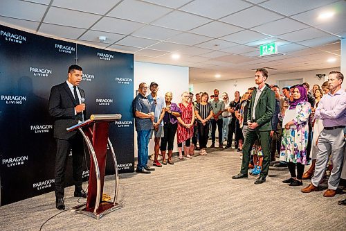 NIC ADAM / FREE PRESS
Paragon Living President and CEO Nigel Furgus speaks at the ribbon cutting for the Bridgewater, a new apartment building, Wednesday.
240821 - Wednesday, August 21, 2024.

Reporter: Gabby Piche