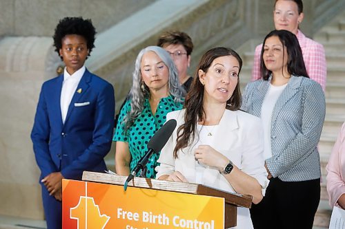 MIKE DEAL / FREE PRESS
Dr Jacqueline Gougeon, family physician, speaks during the announcement at the base of the grand staircase in the Manitoba Legislative Building Thursday morning, by Health, Seniors and Long-Term Care Minister Uzoma Asagwara that the provincial government will be implementing no-cost coverage of prescription birth control, beginning Tuesday, Oct. 1, 2024.
See Carol Sanders story
240822 - Thursday, August 22, 2024.