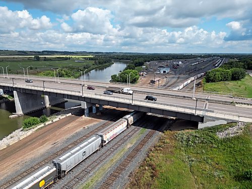 Trains sit on tracks at the CN Brandon Yard on Thursday. (Tim Smith/The Brandon Sun)