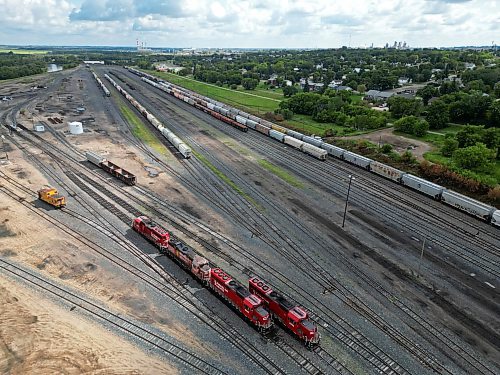 Trains sit on tracks at the CN Brandon Yard on Thursday. (Tim Smith/The Brandon Sun)