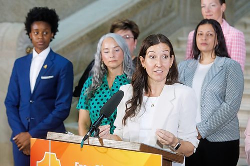 MIKE DEAL / FREE PRESS
Dr Jacqueline Gougeon, family physician, speaks during the announcement at the base of the grand staircase in the Manitoba Legislative Building Thursday morning, by Health, Seniors and Long-Term Care Minister Uzoma Asagwara that the provincial government will be implementing no-cost coverage of prescription birth control, beginning Tuesday, Oct. 1, 2024.
See Carol Sanders story
240822 - Thursday, August 22, 2024.