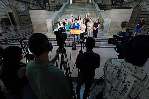 MIKE DEAL / FREE PRESS
Health, Seniors and Long-Term Care Minister Uzoma Asagwara backed by many of the female caucus members at the base of the grand staircase in the Manitoba Legislative Building, announced today that the provincial government will be implementing no-cost coverage of prescription birth control, beginning Tuesday, Oct. 1, 2024.
See Carol Sanders story
240822 - Thursday, August 22, 2024.