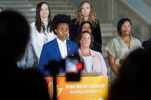 MIKE DEAL / FREE PRESS
Health, Seniors and Long-Term Care Minister Uzoma Asagwara backed by many of the female caucus members at the base of the grand staircase in the Manitoba Legislative Building, announced today that the provincial government will be implementing no-cost coverage of prescription birth control, beginning Tuesday, Oct. 1, 2024.
See Carol Sanders story
240822 - Thursday, August 22, 2024.