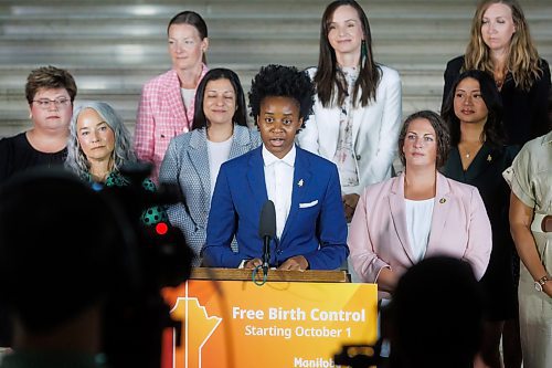 MIKE DEAL / FREE PRESS
Health, Seniors and Long-Term Care Minister Uzoma Asagwara backed by many of the female caucus members at the base of the grand staircase in the Manitoba Legislative Building, announced today that the provincial government will be implementing no-cost coverage of prescription birth control, beginning Tuesday, Oct. 1, 2024.
See Carol Sanders story
240822 - Thursday, August 22, 2024.