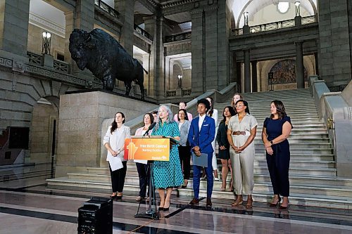 MIKE DEAL / FREE PRESS
Nahanni Fontaine, Minister of Families, speaks, Thursday morning, during the announcement at the base of the grand staircase in the Manitoba Legislative Building, by Health, Seniors and Long-Term Care Minister Uzoma Asagwara that the provincial government will be implementing no-cost coverage of prescription birth control, beginning Tuesday, Oct. 1, 2024.
See Carol Sanders story
240822 - Thursday, August 22, 2024.